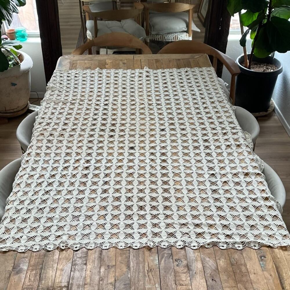 Vtg Crochet Handmade Table Topper Or Dresser Scarf White 59" x 47"